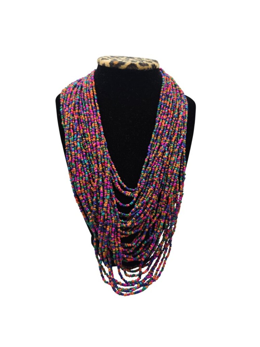 Vintage 80s Multicolor Layered Seed Bead Statement Necklace Wooden Clasp